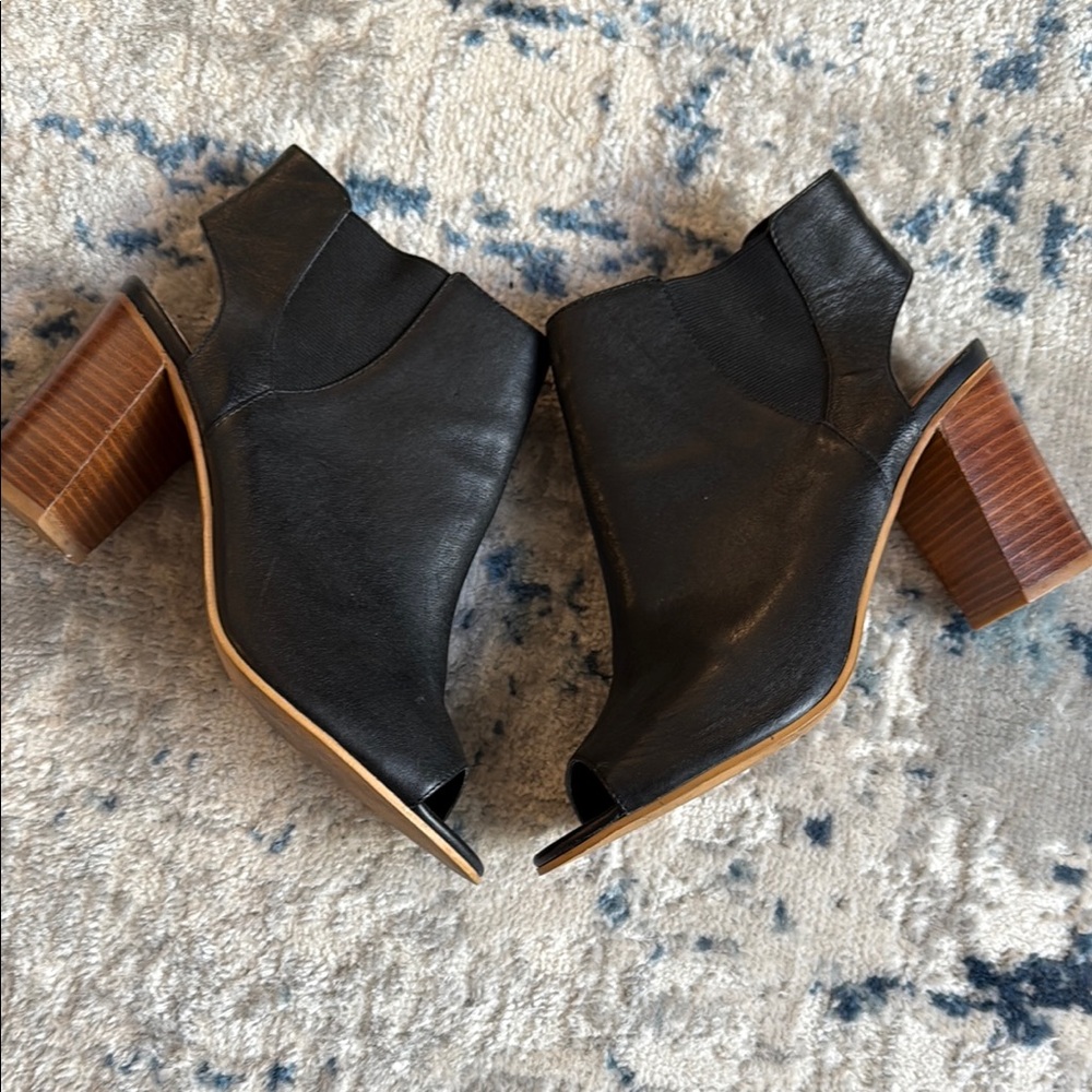 Black Leather Open Toe Block Heels